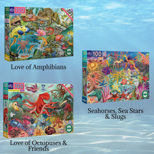 Water Life 100-Piece Puzzle Bundle Featuring eeboo Love of Amphibians PZAPB, Seahorses, Sea Stars & Slugs PZH110, Love of Octopuses & Friends PZH143 Puzzles