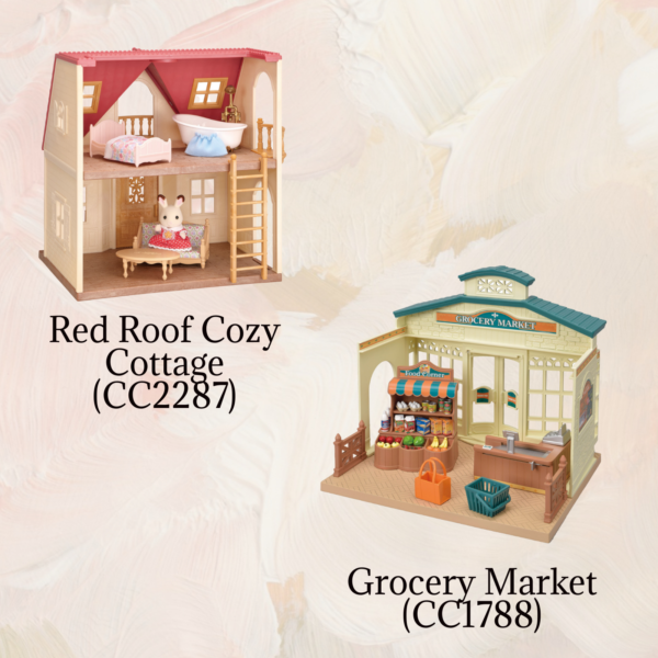 Calico Critters Village Bundle Including Red Roof Cozy Cottage CC2287 and Grocery Market CC1788