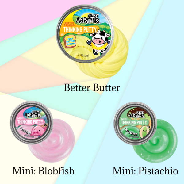Crazy Aarons Snack & Squish Bundle Featuring a full size Better Butter and two mini putty tins Blobfish and Pistachio