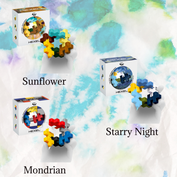 Plus Plus Hexel Art Collector Series Featuring Van Gogh Starry Night, Van Gogh Sunflower, Mondrian Composition A