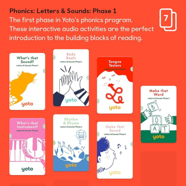 YOTO Audio Cards Phonics Letters and Sounds Phase 1 Featuring Body Beats, Make That Sound, Make That Word, Rhythm and Rhyme, Tongue Testers, What's That Instrument?, What's That Sound?