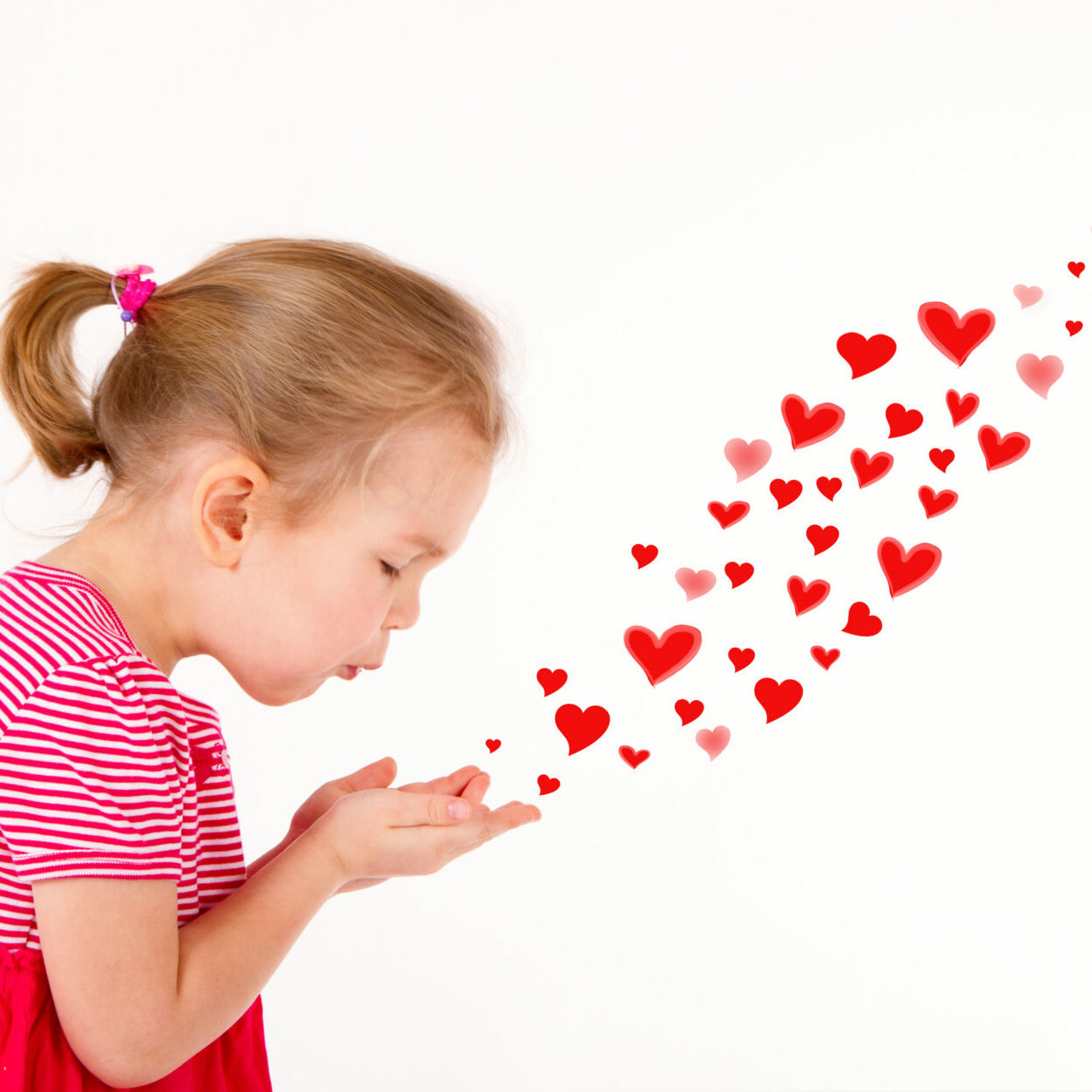 little cute girl a good 4 years, send a kiss - drawn hearts. love, valentine's day concept